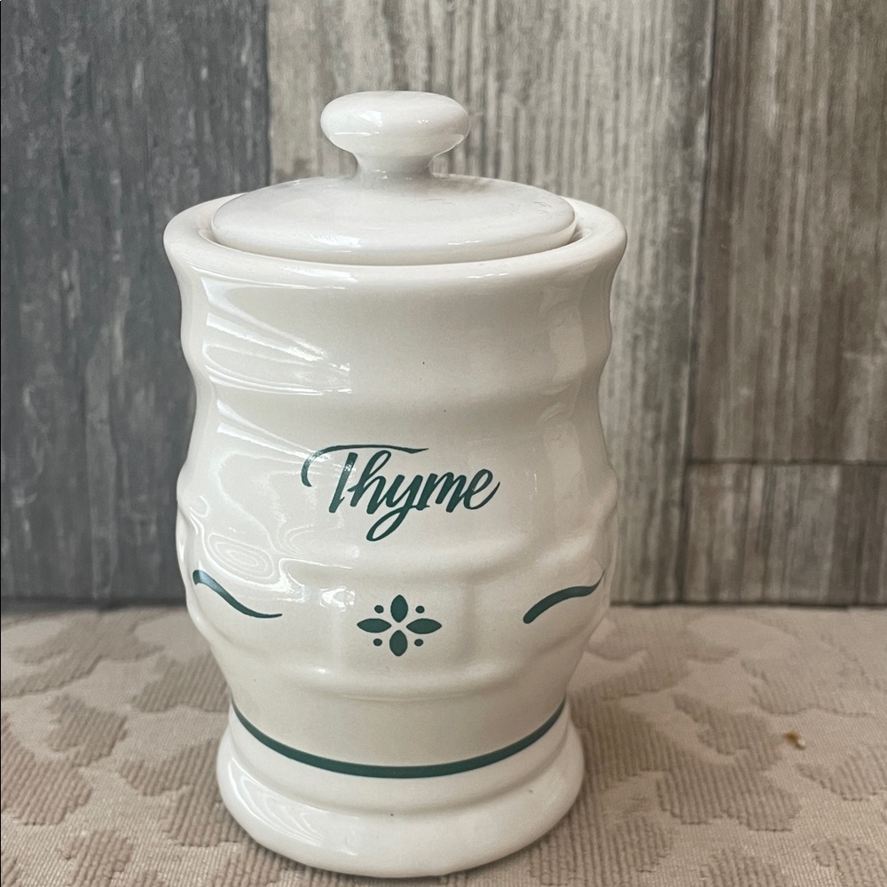 Longaberger Pottery Woven Traditions Heritage Green Thyme Spice Jar with Lid USA
